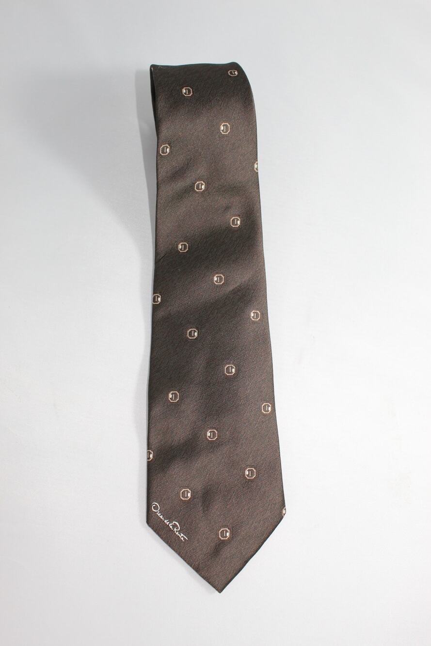 Oscar de la Renta men's tie brown career office script logo Vintage 90s